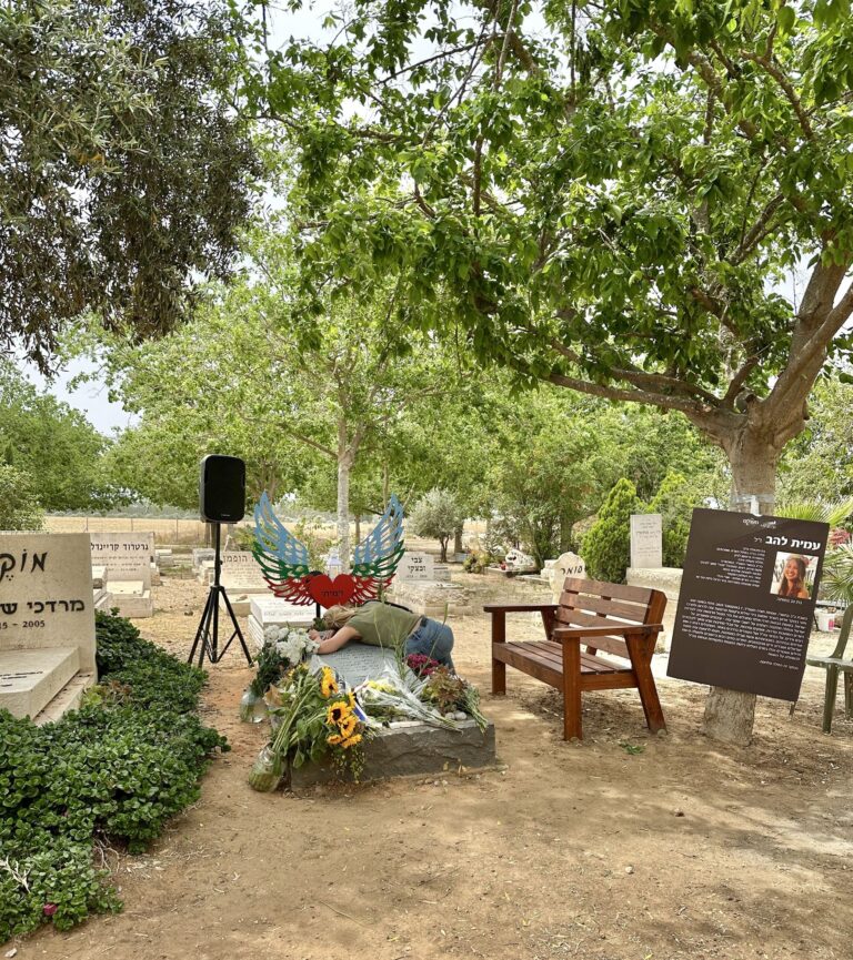 קברה של עמית בבית העלמין, המצבה מכוסה בחמניות ובפרחים לבנים. מעליה פסל של לב אדום עם כנפיים ועליו ״עמיתי״, לצידה ספסל עץ ולוח זיכרון ובו תמונתה וסיפור חייה. אדם רכון על המצבה